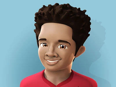 One of the buzzcasters: a 3D-rendered young man with curly hair and a red shirt, smiling, against a blue ground