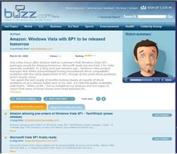 A Buzz.com story page in March 2008: the beta logo, category tabs, a Windows Vista story with its blog reactions, and a Watch Summary panel at the right