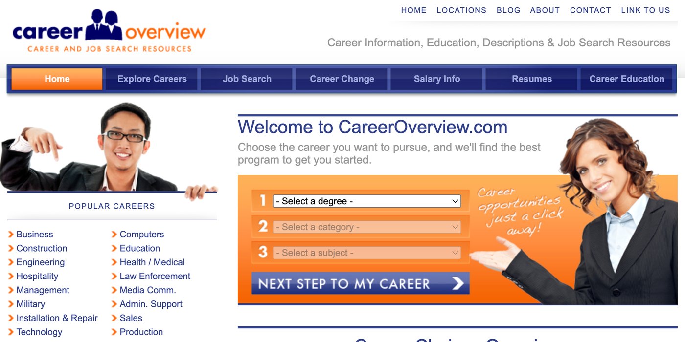 The CareerOverview.com home page, with its three-step degree match funnel