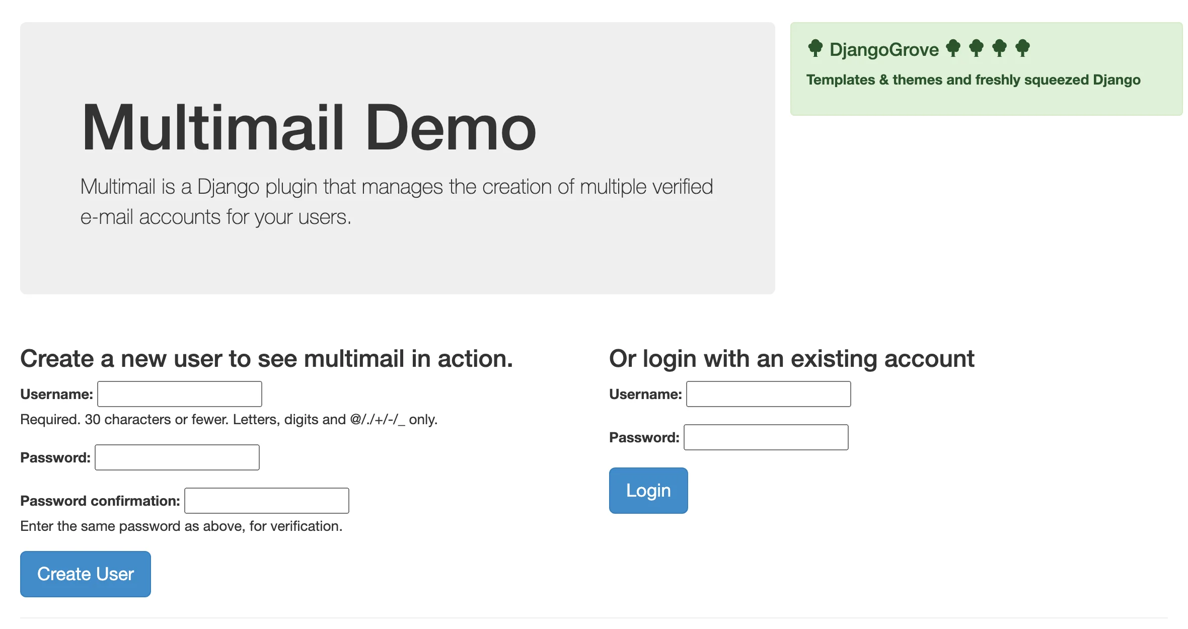 The Multimail Demo site: a sign-up form to see multimail in action, a login form, and the five-line install recipe