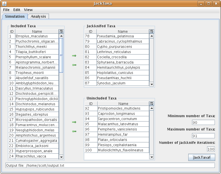The Simulation view: a hundred fish taxa sorted into included, jackknifed, and unincluded, set for a hundred iterations