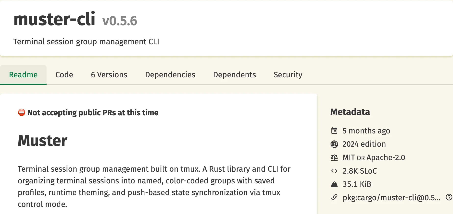muster-cli on crates.io: the crate page with its description, versions, license, and install command