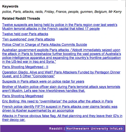 readdit: the keywords drawn from a BBC story on the Paris attacks, and fourteen related Reddit threads