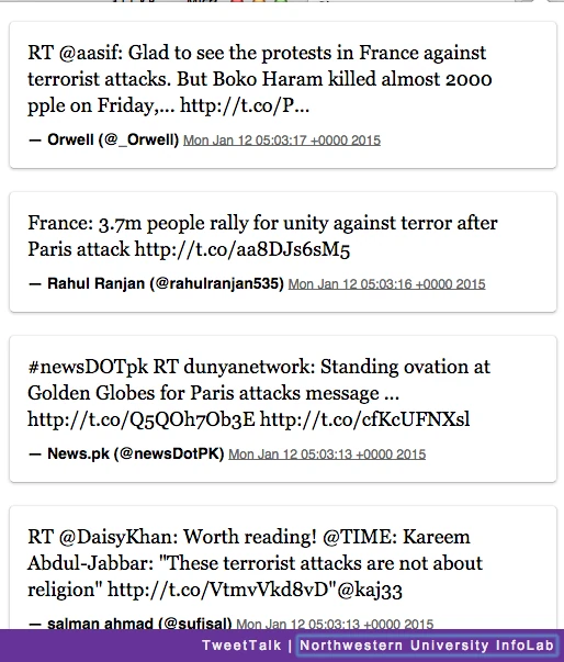 TweetTalk: four tweets reacting to the January 2015 Paris march, in a pop-up beside the article