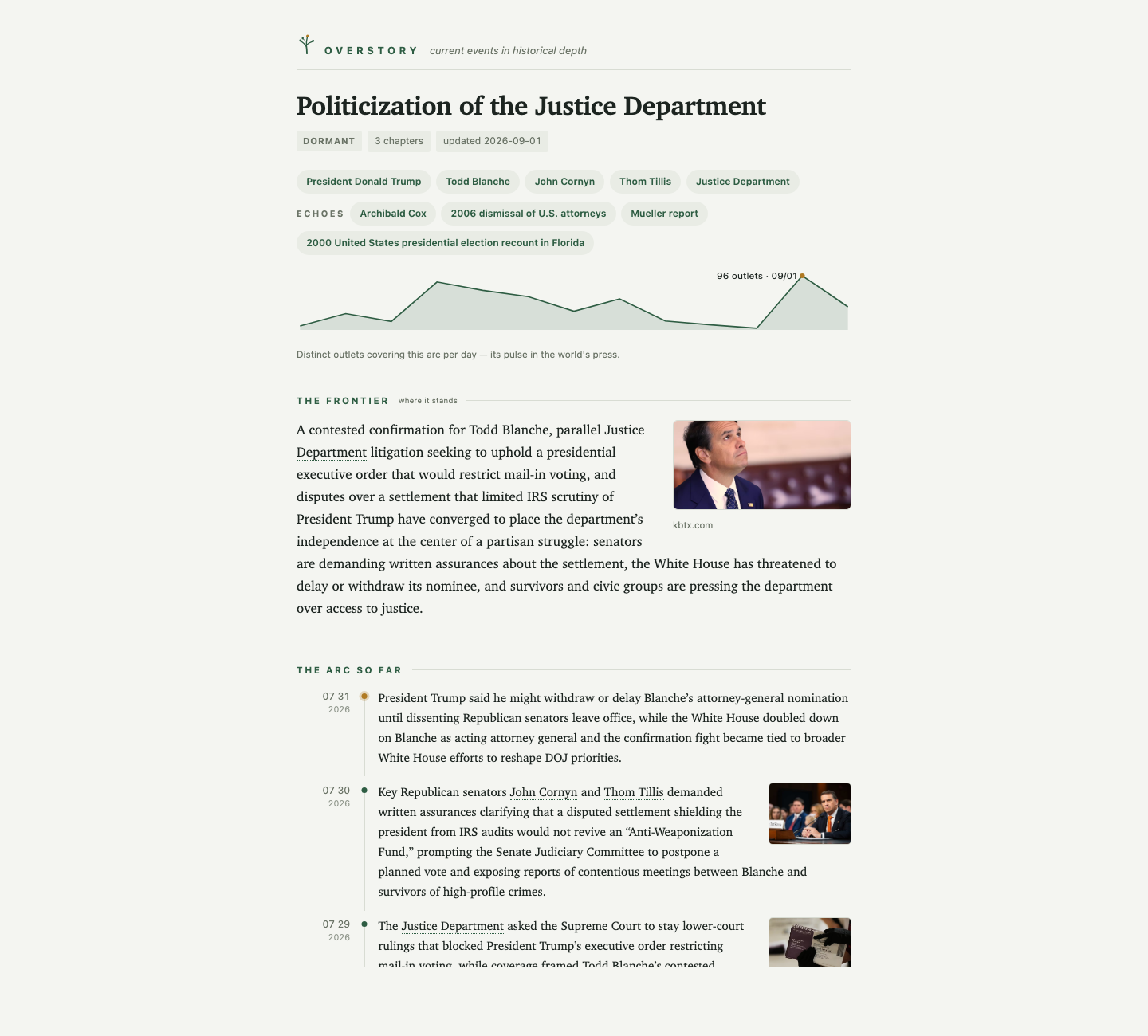 An arc page: the frontier, the arc so far, the deep-context essay with its cited precedents, and the sources