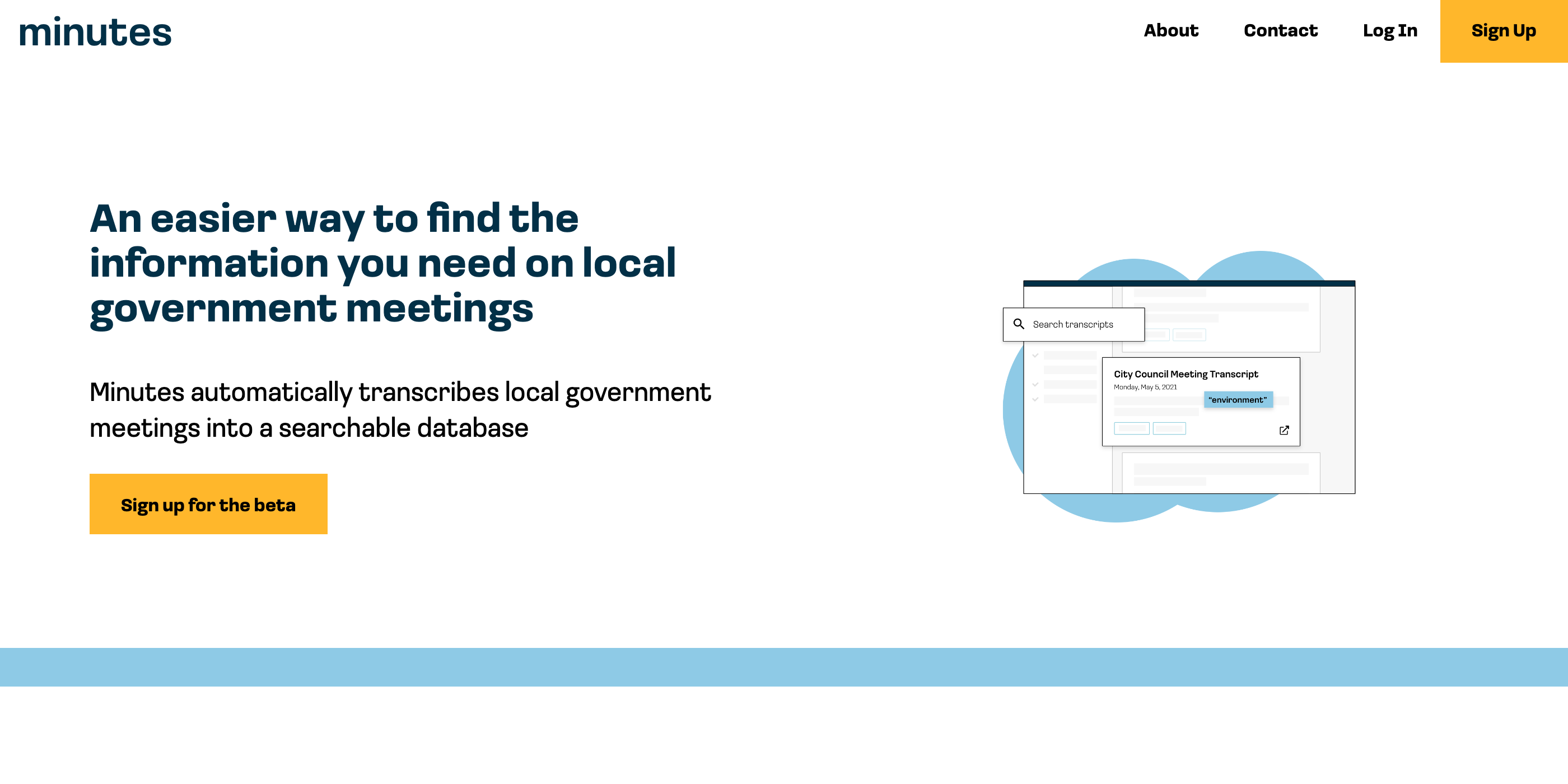 The SearchMinutes home page: "An easier way to find the information you need on local government meetings"