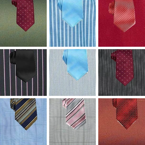 Nine shirt and tie pairings chosen by the model: a red tie on olive, light blue on blue stripes, a red stripe on red, black on dark pinstripes, and others